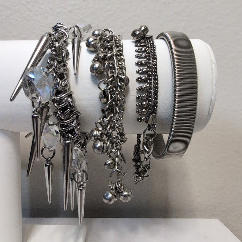 Silver Tone Chain And Spike Charm Bracelet Set
